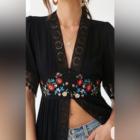 Floral Embroidered Duster Kimono Dress Womens S Black Whimsygoth Boho Lace - Picture 7 of 10